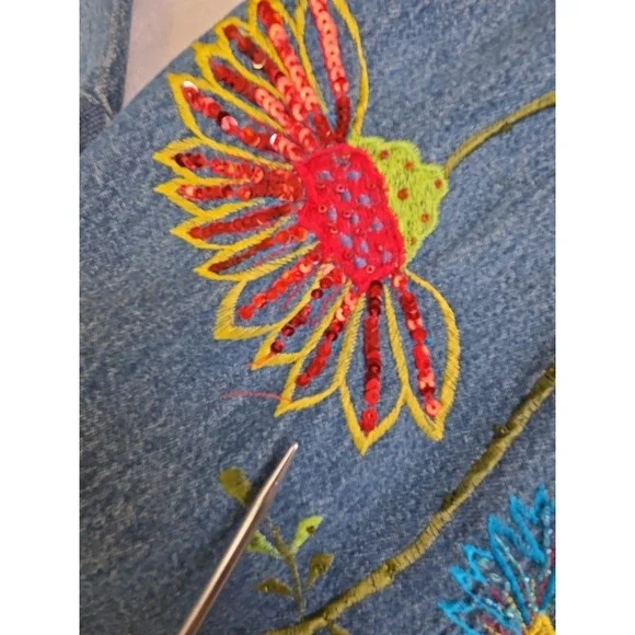 Vtg 90s Tantrums Ladybug Sunflower‎ Denim Shacket Embroidered Beads Sequins Sz M - Picture 10 of 16